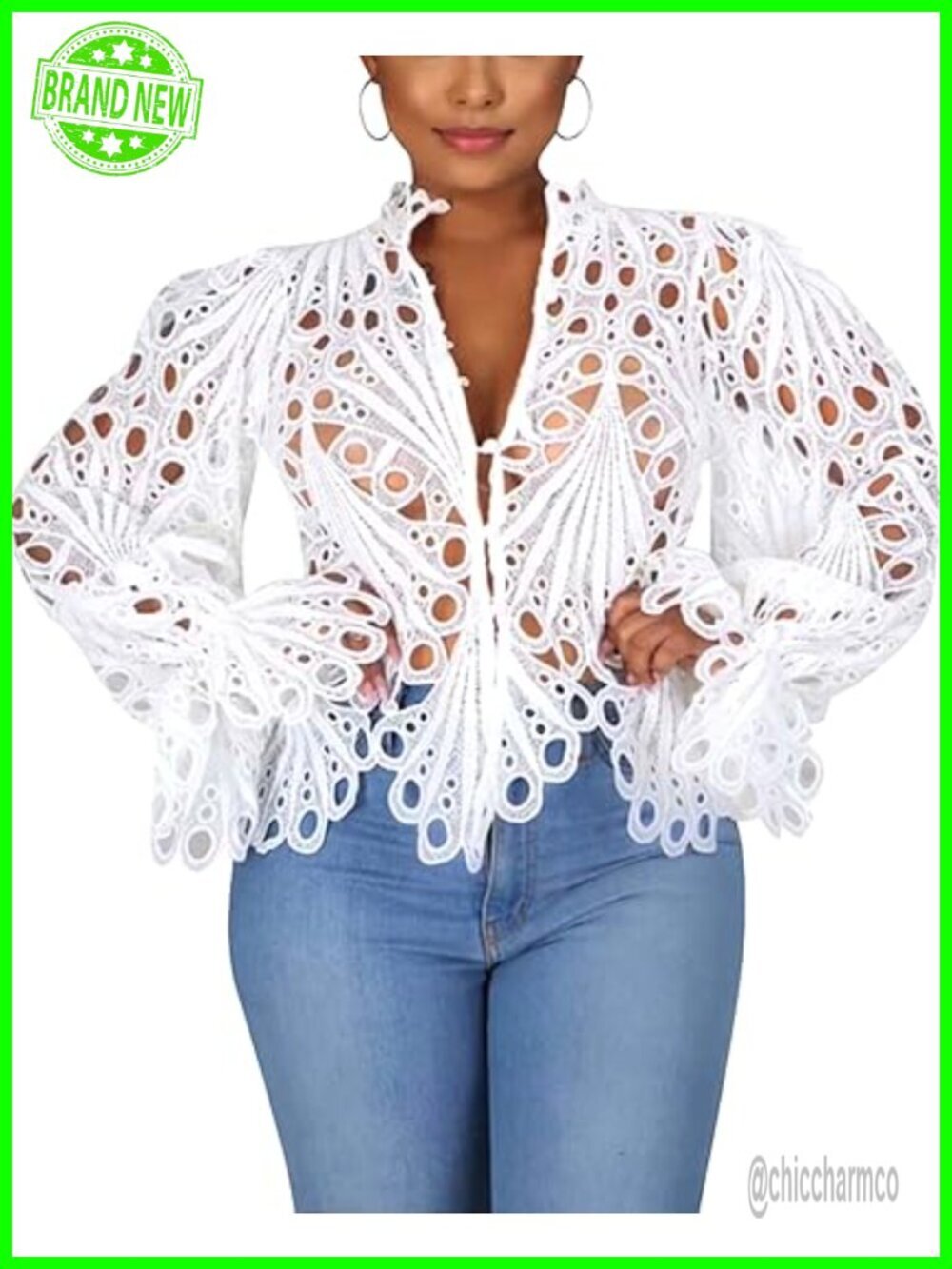 Women's Sexy Ruffle Long Sleeve Lace Tops Puff Flare Shirt V Neck Button Down